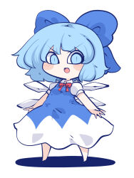 Rule 34 | 1girl, :o, aqua eyes, aqua hair, barefoot, blue bow, blue dress, blush, bow, chahan (fried rice0614), chibi, cirno, collared shirt, commentary, dress, full body, hair bow, highres, ice, ice wings, looking at viewer, neck ribbon, open mouth, pinafore dress, puffy short sleeves, puffy sleeves, red ribbon, ribbon, shadow, shirt, short hair, short sleeves, simple background, sleeveless, sleeveless dress, solo, standing, touhou, two-tone dress, white background, white dress, white shirt, wings