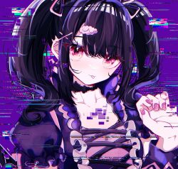 Rule 34 | 04 fujino9, 1girl, absurdres, album cover, black choker, black hair, choker, closed mouth, cover, denonbu, earrings, glitch, hair ornament, hair ribbon, hand up, highres, jewelry, long hair, looking at viewer, nail polish, pink eyes, pink ribbon, puffy short sleeves, puffy sleeves, purple background, reml, ribbon, short sleeves, smile, solo, tongue, tongue out, twintails, upper body, x hair ornament