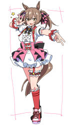 Rule 34 | 1girl, animal ears, bow, bowtie, breasts, brown hair, center frills, dress, durindana 7, frills, full body, garter straps, gyaru v, hands up, high tops, highres, horse ears, horse tail, kneehighs, open mouth, outstretched arm, pink skirt, red socks, shoes, short hair, short sleeves, single garter strap, skirt, small breasts, smart falcon (umamusume), smile, sneakers, socks, solo, standing, star (symbol), suspender skirt, suspenders, tail, thigh strap, twintails, umamusume, v, w, white background, white dress, wrist cuffs, yellow eyes