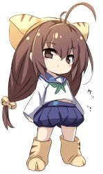 Rule 34 | 1girl, animal ears, animal hat, antenna hair, bell, blue sailor collar, blue shorts, blush, brown eyes, brown footwear, brown hair, brown hat, cat ears, cat hat, chibi, closed mouth, di gi charat, full body, green neckerchief, hair bell, hair between eyes, hair ornament, hat, jingle bell, karukan (monjya), long sleeves, looking at viewer, neckerchief, paw shoes, pleated shorts, puchiko, sailor collar, shirt, short shorts, shorts, simple background, sleeves past wrists, solo, standing, white background, white shirt