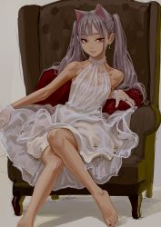 Rule 34 | 1girl, animal ears, artist name, bare shoulders, cat ears, chair, dress, earrings, feiqizi (fkey), fkey, grey hair, highres, jewelry, knees together feet apart, long hair, looking at viewer, nail polish, original, red eyes, ring, see-through, sitting, sleeveless, solo, toenail polish, toenails, twintails, white background, white dress