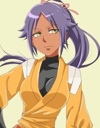 Rule 34 | 1girl, artist request, bleach, breasts, cleavage, hair ornament, long hair, ponytail, purple hair, ribbon, shihouin yoruichi, smile, solo, spandex, tan, vest, yellow eyes