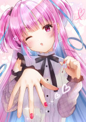 Rule 34 | 1girl, anchor earrings, black bow, black ribbon, blue hair, blunt bangs, blush, bow, colored inner hair, earrings, hair bow, heart, highres, hololive, jewelry, long hair, long sleeves, looking at viewer, minato aqua, multicolored hair, nail polish, neck ribbon, one eye closed, open mouth, pink eyes, pink hair, red nails, ribbon, shirt, solo, sparkle, streaked hair, two-tone hair, unisanjou, upper body, virtual youtuber, white shirt
