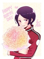 Rule 34 | 1girl, blush, bouquet, cowboy shot, dated, flower, happy birthday, holding, holding bouquet, jacket, kitora ai, long sleeves, purple eyes, purple hair, red jacket, short hair, smile, solo, standing, tenzoooon, world trigger, yellow background
