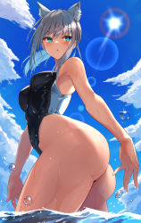 Rule 34 | 1girl, animal ear fluff, animal ears, arms at sides, ass, ass focus, backlighting, bare shoulders, black one-piece swimsuit, blue archive, blue eyes, blush, breasts, colored eyelashes, cross, eel mizue, grey hair, highleg, highleg swimsuit, highres, in water, inverted cross, looking back, medium breasts, one-piece swimsuit, shiroko (blue archive), solo, sunlight, swimsuit, thick thighs, thighs, turning head, water