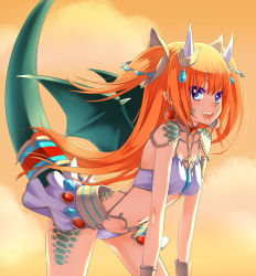 Rule 34 | 1girl, :d, arched back, bad id, bad pixiv id, beads, between breasts, bikini, bikini top only, blue eyes, breasts, cloud, cowboy shot, dragon girl, dragon tail, dragon wings, earrings, facial mark, gem, hair ornament, horns, jewelry, kawagoe pochi, leaning forward, long hair, looking at viewer, midriff, navel, open mouth, orange hair, panties, pendant, pointy ears, scales, shironeko project, skinny, skirt, sleeveless, smile, solo, swimsuit, tail, tail ornament, tetra (shironeko project), two side up, underwear, very long hair, white panties, white skirt, wings, wrist cuffs