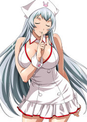 Rule 34 | 00s, 1girl, breasts, chouun shiryuu, closed eyes, collar, collarbone, costume, female focus, finger to mouth, hat, ikkitousen, index finger raised, large breasts, long hair, nurse, nurse cap, official art, simple background, smile, solo, white background, white hair, wrist cuffs