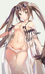 Rule 34 | 1girl, absurdres, bare shoulders, bikini, bikini bottom only, bow, breasts, brown hair, clenched hands, coat, collarbone, covered erect nipples, curled fingers, dedeko, eyewear on head, fate/grand order, fate (series), feet out of frame, hair ornament, highres, knees together feet apart, long hair, looking at viewer, medium breasts, midriff, navel, parted bangs, see-through, sidelocks, solo, string bra, sunglasses, swimsuit, thigh gap, thighs, twintails, white bikini, white coat, yellow eyes, yu mei-ren (fate), yu mei-ren (swimsuit lancer) (fate)