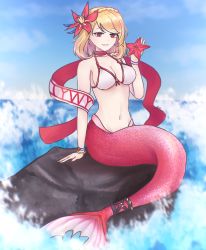 Rule 34 | 1girl, alternate costume, arm support, azur lane, bad id, bad pixiv id, bare shoulders, bikini, bikini top only, blonde hair, blue sky, braid, breasts, choker, cleavage, collarbone, commentary, crown braid, earrings, english commentary, full body, hair ornament, highres, holding, jewelry, looking at viewer, medium breasts, medium hair, mermaid, monster girl, navel, ocean, open mouth, parted lips, prince of wales (azur lane), prince of wales (sun shining upon windsor) (azur lane), pumpkinpaii, red eyes, shell, shell bikini, simple background, sitting, sky, smile, solo, starfish, stone, swimsuit, teeth, water, white bikini