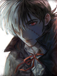 Rule 34 | 1boy, absurdres, bad id, bad pixiv id, black coat, black hair, black jack (character), black jack (series), closed mouth, coat, collared shirt, commentary, expressionless, grey hair, hair over one eye, highres, male focus, multicolored hair, neck ribbon, one eye covered, orokudesu, popped collar, red eyes, red ribbon, ribbon, scar, scar on face, shirt, short hair, solo, split-color hair, two-tone hair, upper body, white background