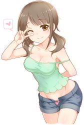 Rule 34 | 1girl, ;), arm behind back, arm up, bare arms, bare shoulders, blush, breasts, brown eyes, brown hair, camisole, cleavage, closed mouth, collarbone, covered navel, cropped legs, denim, denim shorts, groin, heart, leaning forward, long hair, looking at viewer, low twintails, medium breasts, no bra, okita sawa, one eye closed, open fly, panties, pink panties, short shorts, shorts, simple background, smile, solo, spaghetti strap, speech bubble, spoken heart, strap slip, striped clothes, striped panties, sweat, tareme, tari tari, thighs, twintails, ug (nekonekodou), underwear, v over eye, white background