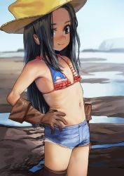 Rule 34 | 1girl, bad id, bad twitter id, bikini, bikini top only, black hair, black thighhighs, blue bikini, brown eyes, brown gloves, brown hat, child, commentary request, cutoffs, day, denim, denim shorts, dorontabi, flat chest, forehead, freckles, gloves, hair over one eye, hand on own hip, hat, highres, inactive account, long hair, navel, original, outdoors, red bikini, short shorts, shorts, single thighhigh, smile, solo, striped bikini, striped bikini top, striped clothes, swimsuit, thighhighs