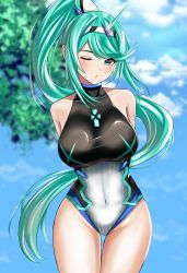 Rule 34 | 1girl, absurdres, breasts, chest jewel, earrings, green eyes, green hair, headpiece, highres, jewelry, langspower, large breasts, long hair, navel, pneuma (xenoblade), ponytail, solo, swept bangs, swimsuit, tiara, very long hair, xenoblade chronicles (series), xenoblade chronicles 2
