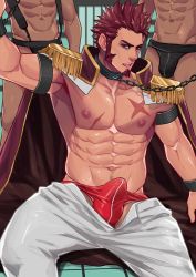 Rule 34 | 3boys, abs, bara, blue eyes, brown hair, bulge, chain, chained, chained wrists, collar, epaulettes, erection, erection under clothes, facial hair, fate/grand order, fate (series), fringe trim, goatee, group sex, highres, jacket, large pectorals, long sideburns, long sleeves, looking at viewer, male focus, male underwear, maorenc, military, military uniform, mmm threesome, multiple boys, muscular, napoleon bonaparte (fate), open clothes, open jacket, pants, pectorals, scar, sideburns, solo focus, threesome, unbuttoned, underwear, uniform, white pants