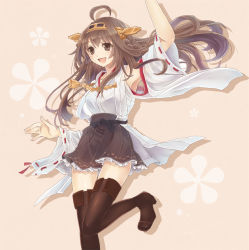 Rule 34 | 10s, 1girl, :d, bare shoulders, blush, boots, breasts, brown eyes, brown hair, cherry blossoms, detached sleeves, floral background, hair ornament, hairband, headgear, japanese clothes, kantai collection, kongou (kancolle), long hair, medium breasts, miko, nontraditional miko, open mouth, personification, pink background, ribbon-trimmed sleeves, ribbon trim, serino itsuki, skirt, smile, solo, thigh boots, thighhighs, white s, wide sleeves, zettai ryouiki