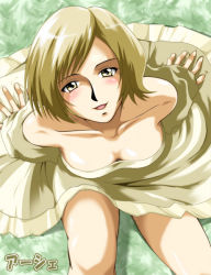 Rule 34 | 00s, 1girl, ashelia b&#039;nargin dalmasca, bare shoulders, blush, breasts, brown eyes, brown hair, character name, collarbone, downblouse, dress, final fantasy, final fantasy xii, from above, green background, large breasts, mumumu (road), open mouth, short hair, sitting, smile, solo
