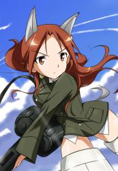 Rule 34 | 1girl, animal ears, cloud, day, gun, long hair, long sleeves, military, military uniform, minna-dietlinde wilcke, red eyes, red hair, sky, solo, strike witches, striker unit, tail, uniform, weapon, world witches series, yumekaranigeruna
