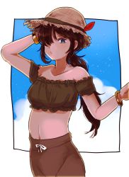 1girl arai_ako black_border black_eyes black_hair blue_shirt blue_sky border bracelet brown_hat brown_skirt cloud cloudy_sky commentary crop_top dark-skinned_female dark_skin day female_focus frilled_shirt frills girls_und_panzer hair_over_one_eye hand_on_own_head hat hat_feather highres jewelry long_hair looking_at_viewer midriff navel off-shoulder_shirt off_shoulder ogin_(girls_und_panzer) outside_border pencil_skirt ponytail shirt skirt sky solo standing straw_hat upper_body