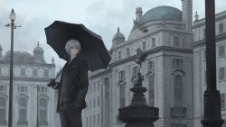 Rule 34 | 1boy, black gloves, black jacket, black necktie, black pants, black vest, building, cloud, cloudy sky, collared shirt, commentary request, commission, copyright request, day, formal, gloves, grey eyes, grey hair, hair between eyes, hand in pocket, highres, holding, holding umbrella, jacket, lamppost, long sleeves, male focus, necktie, open clothes, open jacket, outdoors, pants, rain, scenery, shirt, sky, solo, standing, statue, suit, umbrella, vest, wasabi60, white shirt, window