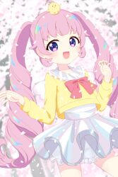 Rule 34 | 1girl, :d, ahoge, animal, animal on head, aozora himari, bird, bird on head, bow, cherry blossoms, chick, commentary request, cowboy shot, drill hair, hands up, highres, himitsu no aipri, long hair, long sleeves, looking at viewer, on head, open mouth, petals, pink hair, pretty series, purple eyes, red bow, sailor collar, shirt, skirt, smile, solo, standing, torayu, twin drills, twintails, very long hair, white skirt, yellow shirt