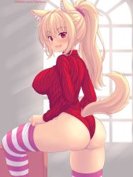 Rule 34 | 1girl, animal ears, ass, blonde hair, blush, breasts, cat ears, cat tail, come hither, from behind, highres, large breasts, leotard, long hair, looking at viewer, nottytiffy, open mouth, original, ponytail, red eyes, shiny skin, sideboob, smile, solo, striped clothes, striped thighhighs, sweater, tail, thighhighs, tiffy (nottytiffy)