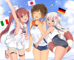 Rule 34 | 10s, 3girls, ass, blonde hair, blue eyes, blue one-piece swimsuit, breasts, brown eyes, brown hair, dress, flag, flat chest, flower, german flag, germany, hair flower, hair ornament, hat, highres, i-401 (kancolle), italian flag, italy, japan, japanese flag, kantai collection, libeccio (kancolle), lifebuoy, long hair, medium breasts, multiple girls, one-piece swimsuit, revision, ro-500 (kancolle), sailor dress, sino (sionori), small breasts, swim ring, swimsuit, tan, twintails, v