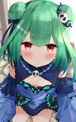 Rule 34 | 1girl, bed, blush, bug, butterfly, detached sleeves, double bun, earrings, eureka 814, flat chest, gothic lolita, green hair, hair between eyes, hair bun, hair ornament, heart, hololive, insect, jewelry, kneeling, lolita fashion, looking at viewer, pov, red eyes, smile, solo, spoken heart, uruha rushia, uruha rushia (1st costume), virtual youtuber