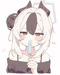 Rule 34 | 1girl, bare shoulders, black hair, black shirt, blue archive, blush, collarbone, covered mouth, demon horns, furrowed brow, hair bun, halo, highres, holding food, holding popsicle, horns, kayoko (blue archive), medium hair, multicolored hair, off shoulder, popsicle, portrait, red eyes, shirt, single hair bun, sweat, translation request, white hair, yonako (123456nya)
