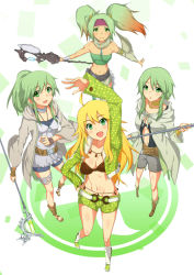 Rule 34 | 4girls, blonde hair, blush, caam serenity of gusto, calm, silent gusta, choker, coat, color connection, crossover, duel monster, green eyes, green hair, hoshii miki, idolmaster, idolmaster (classic), long hair, looking at viewer, midriff, multicolored hair, multiple girls, navel, open mouth, orange hair, ponytail, reeze, whirlwind of gusta, reeze whirlwind of gusto, shorts, smile, staff, waste-man, winda (yu-gi-oh!), winda priestess of gusto, wynnda miko of the gusta, yu-gi-oh!
