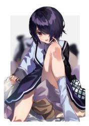 Rule 34 | 1girl, aogiri koukou, black dress, black jacket, blurry, blurry background, blush, border, dress, hair over one eye, hand on own face, hand on own face, jacket, jewelry, knee up, laundry, leg up, long sleeves, looking at viewer, multicolored clothes, multicolored jacket, necklace, open mouth, otodama tamako, outside border, pointing, pointing at self, red eyes, sailor collar, sailor dress, short hair, sitting, sleeves past wrists, socks, solo, tsushi, virtual youtuber, white border, white jacket, white sailor collar, white socks