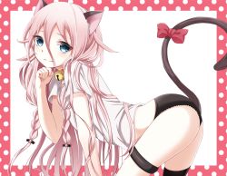 Rule 34 | 1girl, alternate costume, animal ears, arched back, bad id, bad pixiv id, bell, bent over, black panties, black thighhighs, blue eyes, border, bow, braid, cat ears, cat tail, closed mouth, collar, fang, fang out, from side, hair between eyes, hair ornament, hairclip, ia (vocaloid), kemonomimi mode, long hair, looking at viewer, neck bell, panties, pink hair, polka dot, red bow, shirt, short sleeves, single thighhigh, smile, solo, t-shirt, tail, tail bow, tail ornament, thighhighs, twin braids, underwear, very long hair, vocaloid, white background, yamagara