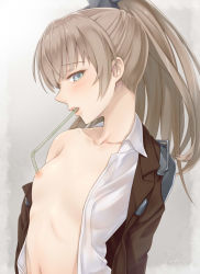 Rule 34 | 10s, 1girl, blue eyes, brown hair, collarbone, drinking straw, flat chest, kanden sky, kantai collection, kumano (kancolle), long hair, looking at viewer, mouth hold, navel, nipples, open clothes, open shirt, ponytail, shirt, solo, twitter username, upper body