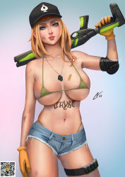 Rule 34 | 1girl, bandages, bikini, bikini top only, bikini under clothes, black hat, blonde hair, blue eyes, breasts, carlos vasseur, denim, denim shorts, dirty, dirty face, dog tags, gloves, green bikini, gun, hand on own hip, hat, highres, large breasts, lips, looking at viewer, micro bikini, micro bikini top, navel, original, over shoulder, parted lips, pink lips, short shorts, shorts, shoulder pads, skindentation, solo, spade (shape), stomach tattoo, swimsuit, tattoo, thick thighs, thigh strap, thighs, undersized clothes, weapon, weapon over shoulder