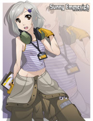 Rule 34 | 1girl, brown eyes, chuunioniika, clipboard, clothes around waist, dirty, dirty clothes, ear protection, flower, gloves, hair flower, hair ornament, highres, jumpsuit, long hair, metal gear (series), metal gear rising: revengeance, midriff, name tag, navel, outside border, parted bangs, silver hair, solo, striped, sunny emmerich, tank top, zoom layer