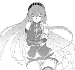 Rule 34 | 1girl, arm strap, asunogear, asymmetrical sleeves, bottomless, breasts, closed eyes, detached sleeves, floating hair, greyscale, hair between eyes, hair censor, hair over crotch, hairband, headphones, highres, holding, holding own hair, large breasts, long hair, megurine luka, monochrome, navel, open mouth, simple background, single sleeve, sketch, solo, stomach, thighhighs, uneven sleeves, very long hair, vocaloid, white background