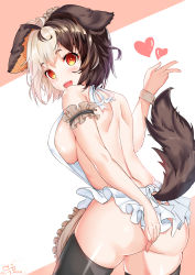 Rule 34 | 1girl, absurdres, animal ears, apron, ass, black hair, breasts, deogho (liujinzy9854), dog ears, dog girl, dog tail, fang, from behind, hachiko (last origin), hachiko of castling, highres, large breasts, last origin, looking at viewer, looking back, multicolored hair, nearly naked apron, open mouth, red eyes, short hair, smile, solo, split-color hair, tail, tareme, thighhighs, two-tone hair, white hair, wrist cuffs