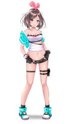 Rule 34 | 1girl, aqua eyes, aqua footwear, aqua jacket, bare legs, bare shoulders, black gloves, black shorts, blush, breasts, brown hair, choker, cleavage, collarbone, commentary request, cropped jacket, fingerless gloves, full body, gibun (sozoshu), gloves, hairband, heart, heart choker, heart o-ring, highres, holster, jacket, kizuna ai, kizuna ai (a.i. games), kizuna ai inc., lace trim, looking at viewer, looking back, medium breasts, multicolored hair, navel, off shoulder, official alternate costume, open clothes, open fly, open jacket, open shorts, pigeon-toed, pink choker, pink hair, pink hairband, round teeth, shoes, short hair, short shorts, short sleeves, shorts, simple background, solo, standing, stomach, strapless, streaked hair, swept bangs, tachi-e, teeth, thigh holster, thigh strap, upper teeth only, virtual youtuber, white background
