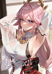 Rule 34 | 1girl, animal ears, armpits, arms up, artist name, bare shoulders, blush, breasts, detached sleeves, earrings, felielle, floppy ears, fox ears, genshin impact, hair between eyes, japanese clothes, jewelry, large breasts, long hair, looking at viewer, nontraditional miko, pink hair, purple eyes, sideboob, skindentation, solo, sweat, vision (genshin impact), wet, wet clothes, white sleeves, wide sleeves, yae miko