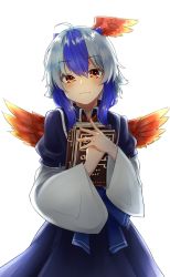 Rule 34 | 1girl, :3, ahoge, angry, backlighting, bird wings, blue cape, blue hair, blue ribbon, book, cape, cowboy shot, floating, floating object, gunsou1350, head wings, highres, holding, holding book, long sleeves, looking at viewer, multicolored hair, paper, red eyes, red wings, ribbon, short hair, simple background, single head wing, skirt, tokiko (touhou), touhou, white background, white hair, wide sleeves, window, wings