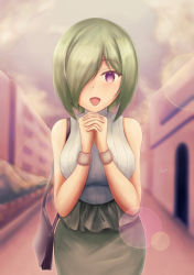 Rule 34 | 1girl, :d, absurdres, bag, blurry, blurry background, breasts, druj (jahy), green skirt, grey hair, hair over one eye, handbag, highres, jahy-sama wa kujikenai!, large breasts, lens flare, looking at viewer, open mouth, outdoors, own hands clasped, own hands together, pencil skirt, purple eyes, ribbed sweater, romi drawing, short hair, skirt, sleeveless, sleeveless sweater, smile, solo, sweater, turtleneck, turtleneck sweater, white sweater, wristband