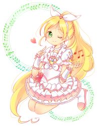 Rule 34 | 10s, 1girl, ;), arm warmers, bad id, bad pixiv id, beamed quavers, blonde hair, boots, bow, braid, brooch, choker, cure rhythm, frilled skirt, frills, green eyes, heart, high heels, highres, jewelry, ka (pixiv), long hair, magical girl, minamino kanade, musical note, one eye closed, ponytail, precure, puffy sleeves, quaver, ribbon, skirt, smile, solo, suite precure, treble clef, white choker