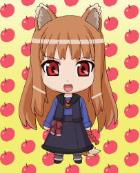 Rule 34 | 00s, animal ears, apple, brown hair, chibi, fang, food, fruit, holo, long hair, nendoroid, okiyumi kase, red eyes, solo, spice and wolf, wolf ears