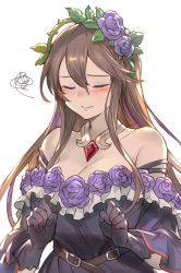 Rule 34 | 1girl, bare shoulders, belt, blush, breasts, brown belt, brown hair, cleavage, clenched hand, closed mouth, commentary request, dress, flower, gem, gloves, granblue fantasy, grey dress, grey gloves, hair between eyes, hair flower, hair ornament, jewelry, kakage, long hair, necklace, off-shoulder dress, off shoulder, purple flower, purple rose, red gemstone, rose, rosetta (granblue fantasy), sidelocks, simple background, solo, upper body, very long hair, white background
