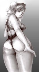 Rule 34 | 1girl, ass, breasts, bun cover, capcom, chun-li, clothes pull, covered erect nipples, curvy, double bun, greyscale, huge ass, large breasts, monochrome, panties, pantyhose, pantyhose pull, solo, street fighter, thighs, thong, underwear, undressing