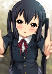 Rule 34 | 1girl, :o, black hair, blazer, blurry, blush, brown eyes, depth of field, foreshortening, highres, k-on!, long hair, looking at viewer, nakano azusa, outstretched arms, reaching, ribbon, ryunnu, school uniform, skirt, solo, twintails, very long hair