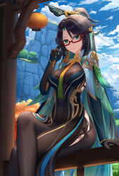 Rule 34 | 1girl, absurdres, aqua eyes, aqua hair, black dress, black gloves, black hair, black pantyhose, blue sky, breasts, capelet, cloud, cloud retainer (genshin impact), colored inner hair, commentary request, crossed legs, day, dress, genshin impact, glasses, gloves, hand up, highres, large breasts, looking at viewer, multicolored hair, outdoors, pantyhose, railing, red-framed eyewear, sitting, sky, skym (kumei), smile, solo, xianyun (genshin impact)