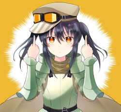 Rule 34 | 1girl, armor, belt, black belt, black hair, blank stare, cape, double middle finger, el mofus (black hair female), goggles, goggles on headwear, green armor, hat, mamizuna, medium hair, middle finger, orange eyes, rance (series), rance 10, simple background, solo, twintails