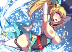 Rule 34 | 1girl, armpits, arms behind head, arms up, bare shoulders, blonde hair, blush, breasts, breasts out, cygames, dragalia lost, elisanne, large breasts, long hair, looking at viewer, nintendo, nipples, open mouth, purple eyes, solo, thighhighs, thong, white thighhighs