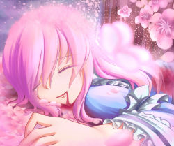 Rule 34 | 1girl, blood, blood from mouth, blood on clothes, cherry blossoms, crying, death, dior-zi, closed eyes, highres, japanese clothes, kimono, light particles, lying, on stomach, open mouth, parted lips, petals, saigyouji yuyuko, saigyouji yuyuko (living), smile, solo, suicide, tears, touhou, tree