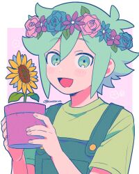 1boy :d antenna_hair basil_(headspace)_(omori) basil_(omori) blue_flower blue_rose border buttons commentary_request dot_nose double-parted_bangs fingernails flower flower_pot flower_wreath green_eyes green_hair green_overalls green_shirt hair_between_eyes hands_up head_wreath highres holding holding_flower_pot looking_at_viewer male_focus mommorua omori open_mouth outside_border overalls pink_background pink_flower pink_rose purple_flower rose shirt short_hair short_sleeves sidelocks simple_background smile solo sunflower t-shirt tongue twitter_username upper_body white_border